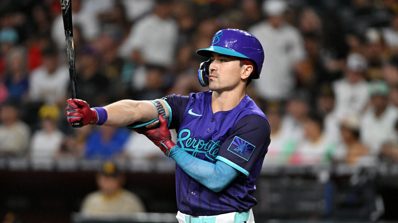PHOENIX, ARIZONA - JUNE 13: Corbin Carroll #7 of the Arizona Diamondbacks gets ready in the batters box against the San Diego Padres at Chase Field on June 13, 2025 in Phoenix, Arizona.