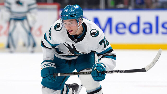 VANCOUVER, CANADA - APRIL 14: William Eklund #72 of the San Jose Sharks skates during the second period of their NHL game against the Vancouver Canucks at Rogers Arena on April 14, 2025 in Vancouver, British Columbia, Canada.