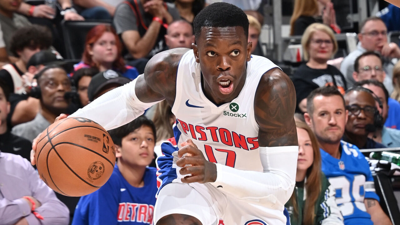 DETROIT, MI - APRIL 24: Dennis Schroder #17 of the Detroit Pistons dribbles the ball during the game against the New York Knicks during Round 1 Game 3 of the 2025 NBA Playoffs on April 24, 2025 at Little Caesars Arena in Detroit, Michigan. NOTE TO USER: User expressly acknowledges and agrees that, by downloading and/or using this photograph, User is consenting to the terms and conditions of the Getty Images License Agreement. Mandatory Copyright Notice: Copyright 2025 NBAE