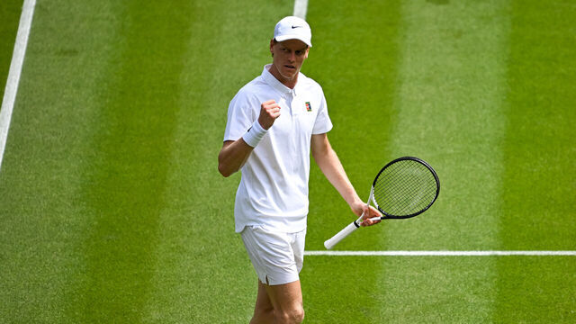 LONDON, ENGLAND - JULY 01: Jannik Sinner of Italy reacts against Luca Nardi of Italy during the Men's Singles First Round match on day two of The Championships Wimbledon 2025 at All England Lawn Tennis and Croquet Club on July 01, 2025 in London, England.