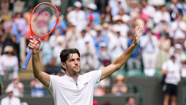 LONDON, ENGLAND - JULY 01: Taylor Fritz of the United States celebrates the victory in the Gentlemen's Singles First Round match against Giovanni Mpetshi Perricard of France on day two of The Championships Wimbledon 2025 at All England Lawn Tennis and Croquet Club on July 01, 2025 in London, England.