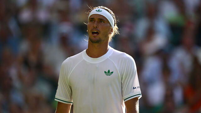 LONDON, ENGLAND - JULY 01: Alexander Zverev of Germany looks on against Arthur Rinderknech of France on day two of The Championships Wimbledon 2025 at All England Lawn Tennis and Croquet Club on July 01, 2025 in London, England.