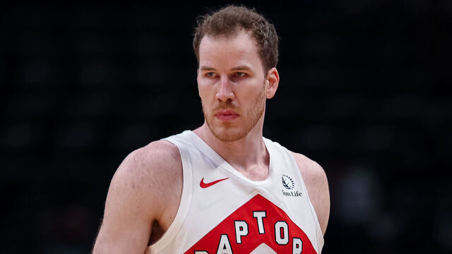 WASHINGTON, DC - MARCH 24: Jakob Poeltl #19 of the Toronto Raptors looks on against the Washington Wizards during the first half at Capital One Arena on March 24, 2025 in Washington, DC.
