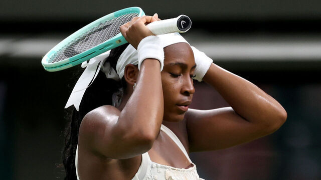 LONDON, ENGLAND - JULY 01: Coco Gauff of United States reacts against Dayana Yastremska of Ukraine during the Ladies' Singles first round match on day two of The Championships Wimbledon 2025 at All England Lawn Tennis and Croquet Club on July 01, 2025 in London, England.