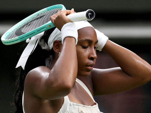 LONDON, ENGLAND - JULY 01: Coco Gauff of United States reacts against Dayana Yastremska of Ukraine during the Ladies' Singles first round match on day two of The Championships Wimbledon 2025 at All England Lawn Tennis and Croquet Club on July 01, 2025 in London, England.