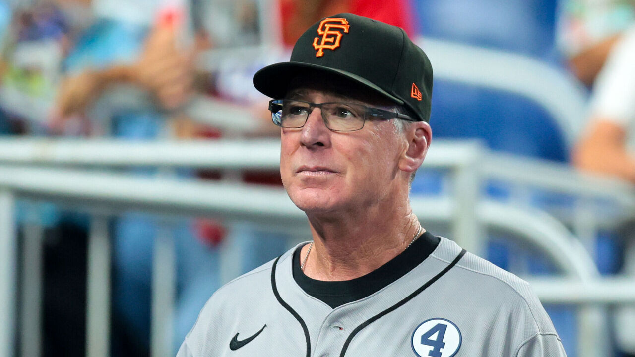 MIAMI, FLORIDA - JUNE 01: Bob Melvin #6 of the San Francisco Giants looks on before the game against the Miami Marlins at loanDepot park on June 01, 2025 in Miami, Florida.