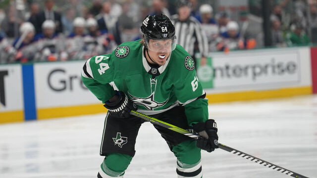 DALLAS, TX - MAY 21: Mikael Granlund #64 of the Dallas Stars lines up against the Edmonton Oilers in the first period of Game One of the Western Conference Finals of the 2025 Stanley Cup Playoffs at the American Airlines Center on May 21, 2025 in Dallas, Texas.
