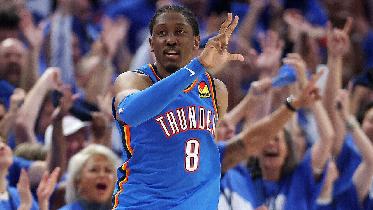OKLAHOMA CITY, OKLAHOMA - JUNE 22: Jalen Williams #8 of the Oklahoma City Thunder celebrates during the fourth quarter against the Indiana Pacers in Game Seven of the 2025 NBA Finals at Paycom Center on June 22, 2025 in Oklahoma City, Oklahoma.