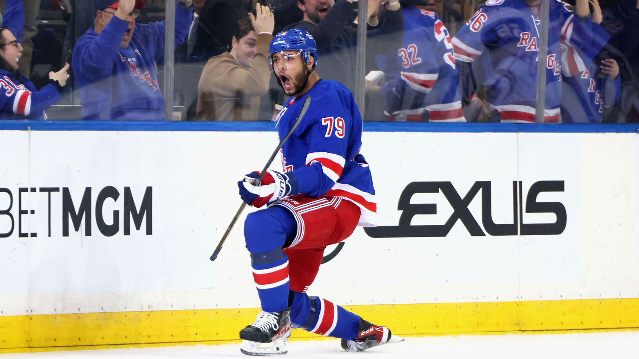 NEW YORK, NEW YORK - FEBRUARY 02: K'Andre Miller #79 of the New York Rangers scores the game-winning goal against the Vegas Golden Knights at Madison Square Garden on February 02, 2025 in New York City. The Rangers defeated the Golden Knights
