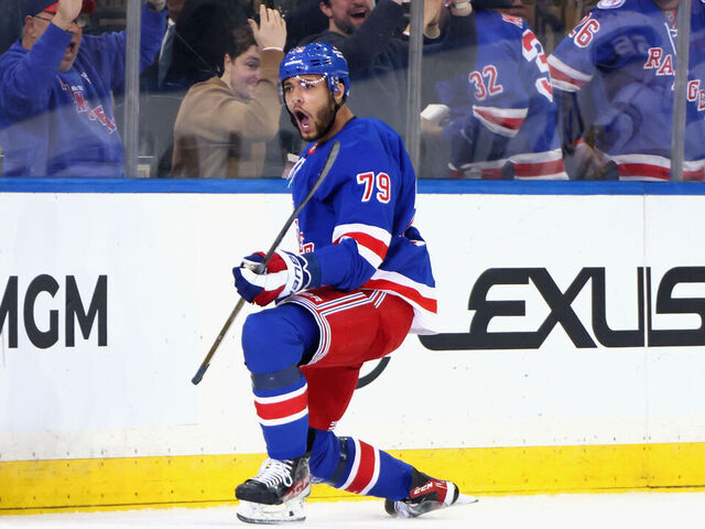 NEW YORK, NEW YORK - FEBRUARY 02: K'Andre Miller #79 of the New York Rangers scores the game-winning goal against the Vegas Golden Knights at Madison Square Garden on February 02, 2025 in New York City. The Rangers defeated the Golden Knights