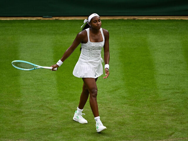 LONDON, ENGLAND - JULY 01: Coco Gauff of the United States of America in action against Dayana Yastremska of Ukraine during the Women's Singles First Round match on day two of The Championships Wimbledon 2025 at All England Lawn Tennis and Croquet Club on July 01, 2025 in London, England.