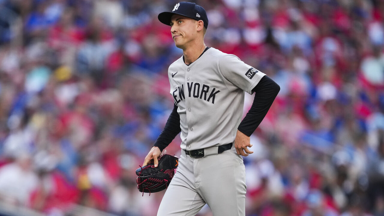 TORONTO, ON - JULY 1: Luke Weaver #30 of the New York Yankees reacts after coming out of the game against the Toronto Blue Jays during the seventh inning in their MLB game at the Rogers Centre on July 1, 2025 in Toronto, Ontario, Canada.