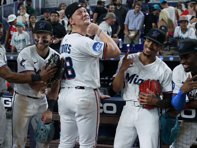 MIAMI, FLORIDA - JULY 1: Xavier Edwards #9, Connor Norby #1, Kyle Stowers #28, Ronny Henriquez #32 and Jesús Sánchez #7 of the Miami Marlins celebrate after defeating the Minnesota Twins at loanDepot park on July 1, 2025 in Miami, Florida.