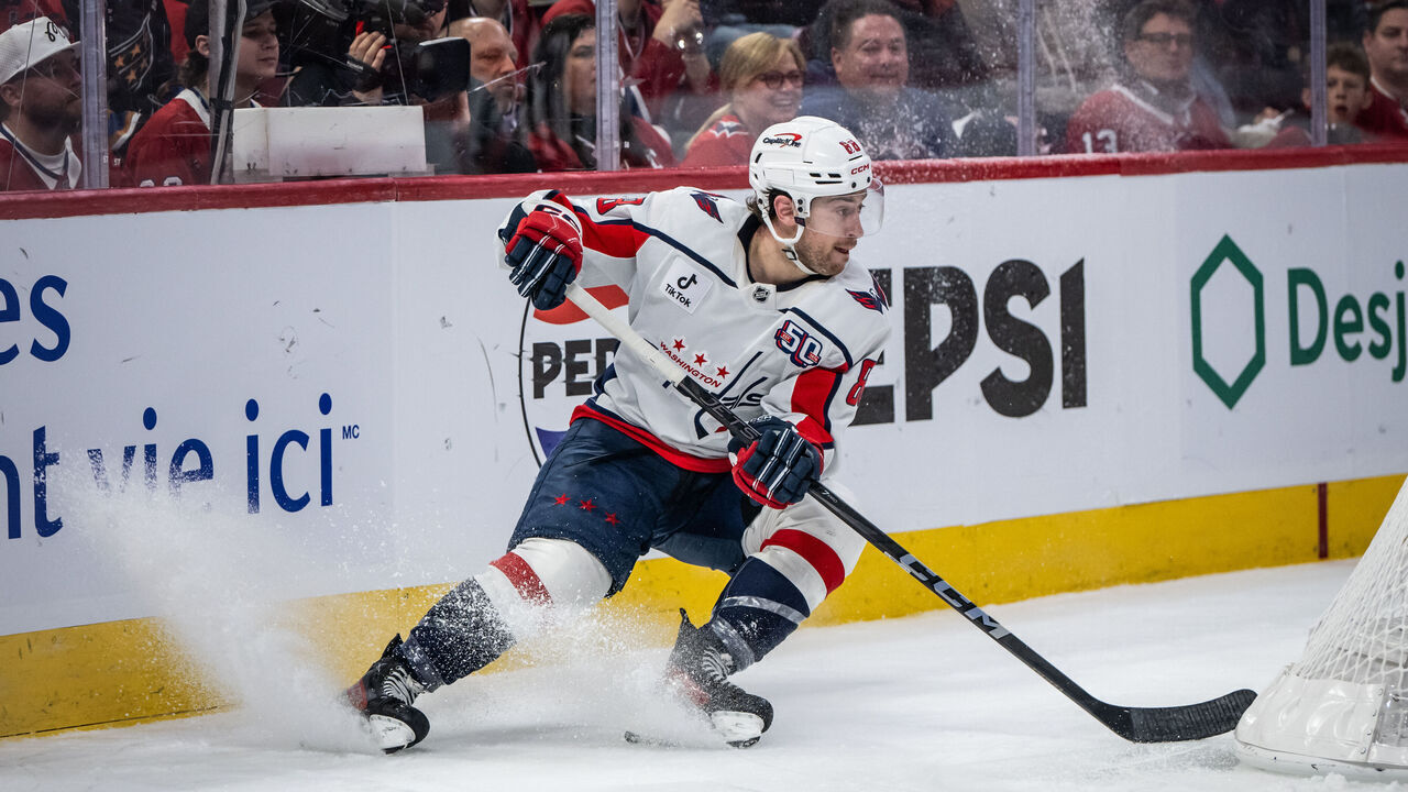 MONTREAL, QC - APRIL 27: Andrew Mangiapane (88) of the Washington Capitals brakes during the third period of the game four of the first round of the 2025 Stanley Cup Playoffs NHL game between the Washington Capitals and the Montreal Canadiens on Apr 27 2025, at the Bell Centre in Montreal, QC