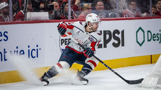MONTREAL, QC - APRIL 27: Andrew Mangiapane (88) of the Washington Capitals brakes during the third period of the game four of the first round of the 2025 Stanley Cup Playoffs NHL game between the Washington Capitals and the Montreal Canadiens on Apr 27 2025, at the Bell Centre in Montreal, QC