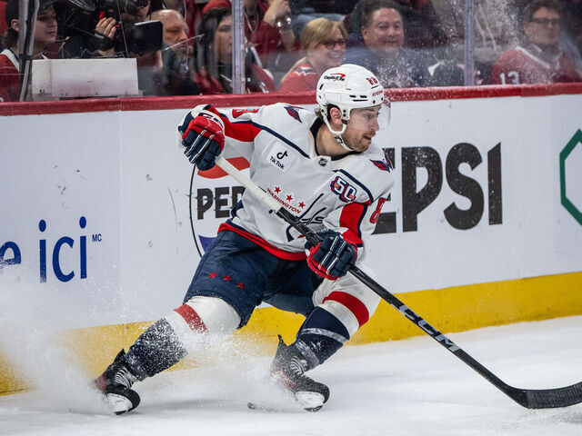 MONTREAL, QC - APRIL 27: Andrew Mangiapane (88) of the Washington Capitals brakes during the third period of the game four of the first round of the 2025 Stanley Cup Playoffs NHL game between the Washington Capitals and the Montreal Canadiens on Apr 27 2025, at the Bell Centre in Montreal, QC