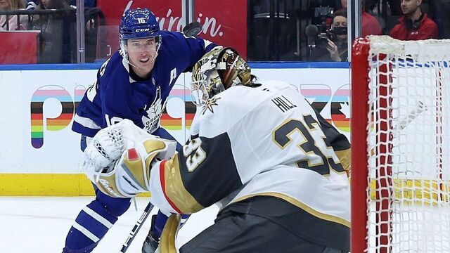 TORONTO, ON- NOVEMBER 20 - A shot by Toronto Maple Leafs right wing Mitch Marner (16) sails just over Vegas Golden Knights goaltender Adin Hill (33) as the Toronto Maple Leafs shutout the Vegas Golden Knights 3-0 at Scotiabank Arena in Toronto. November 20, 2024.