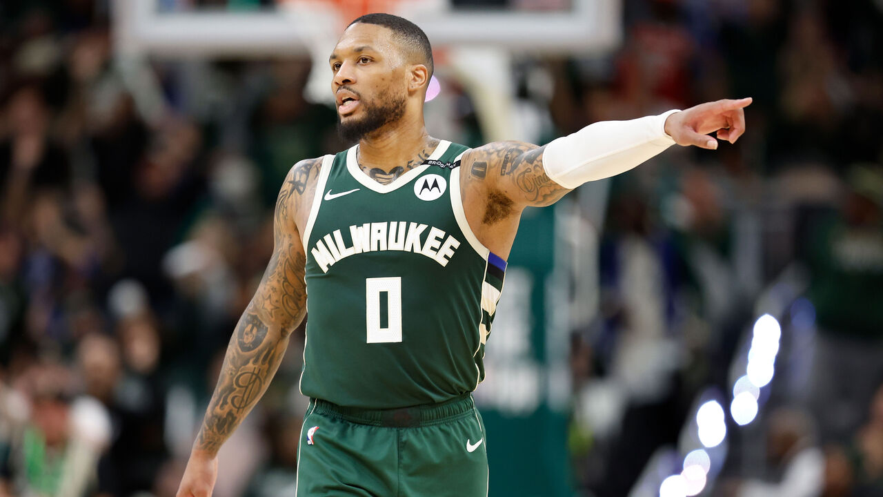 MILWAUKEE, WISCONSIN - APRIL 25: Damian Lillard #0 of the Milwaukee Bucks walks down court against the Indiana Pacers during game three of the first round of the 2025 NBA playoffs at Fiserv Forum on April 25, 2025 in Milwaukee, Wisconsin.