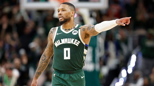 MILWAUKEE, WISCONSIN - APRIL 25: Damian Lillard #0 of the Milwaukee Bucks walks down court against the Indiana Pacers during game three of the first round of the 2025 NBA playoffs at Fiserv Forum on April 25, 2025 in Milwaukee, Wisconsin.