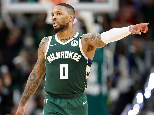 MILWAUKEE, WISCONSIN - APRIL 25: Damian Lillard #0 of the Milwaukee Bucks walks down court against the Indiana Pacers during game three of the first round of the 2025 NBA playoffs at Fiserv Forum on April 25, 2025 in Milwaukee, Wisconsin.