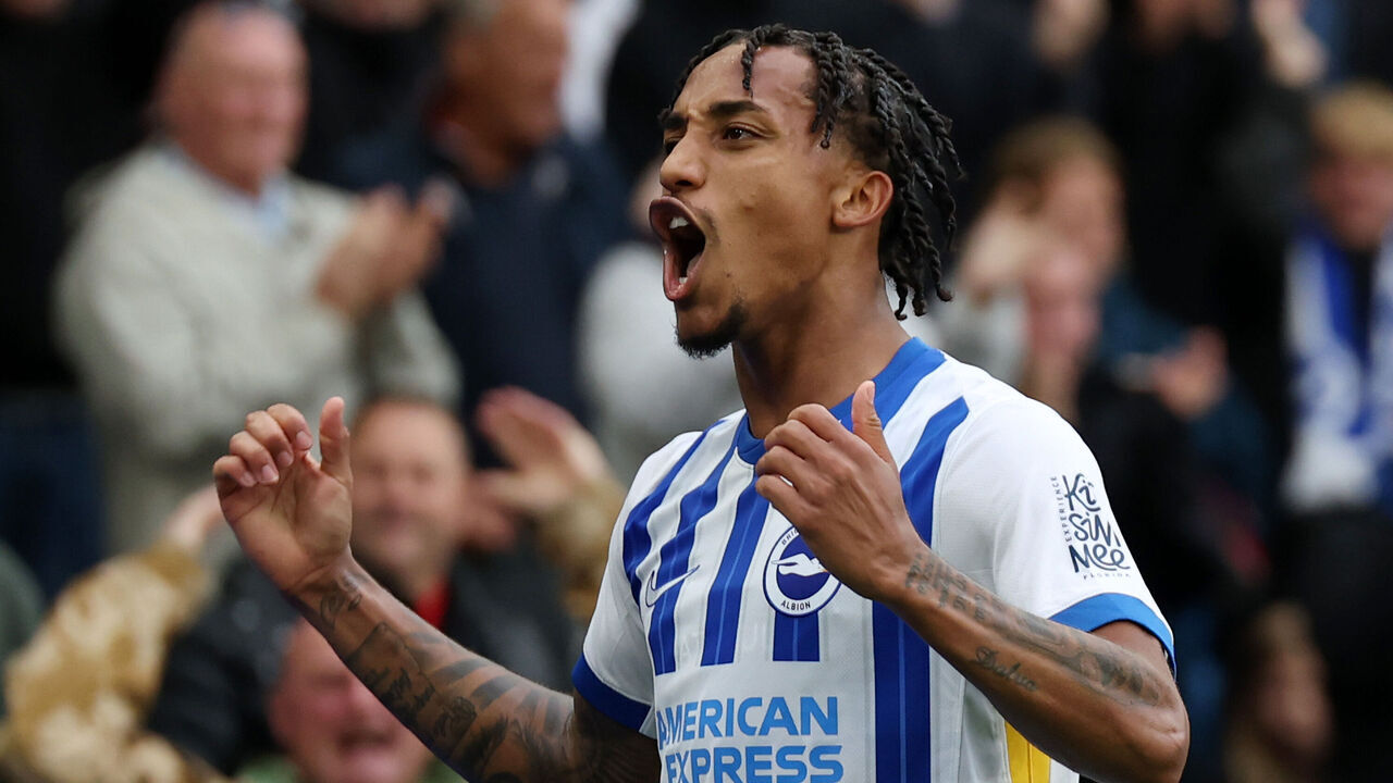 BRIGHTON, ENGLAND - AUGUST 24: Joao Pedro of Brighton & Hove Albion FC celebrates his goal during the Premier League match between Brighton & Hove Albion FC and Manchester United FC at Amex Stadium on August 24, 2024 in Brighton, England.