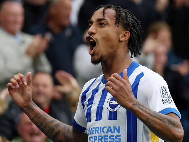 BRIGHTON, ENGLAND - AUGUST 24: Joao Pedro of Brighton & Hove Albion FC celebrates his goal during the Premier League match between Brighton & Hove Albion FC and Manchester United FC at Amex Stadium on August 24, 2024 in Brighton, England.