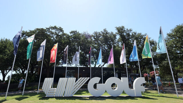DALLAS, TEXAS - JUNE 29: A general view of LIV Golf signage is shown near the clubhouse on day three of LIV Golf Dallas at Maridoe Golf Club on June 29, 2025 in Dallas, Texas.