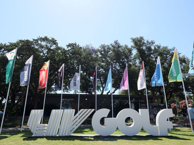 DALLAS, TEXAS - JUNE 29: A general view of LIV Golf signage is shown near the clubhouse on day three of LIV Golf Dallas at Maridoe Golf Club on June 29, 2025 in Dallas, Texas.