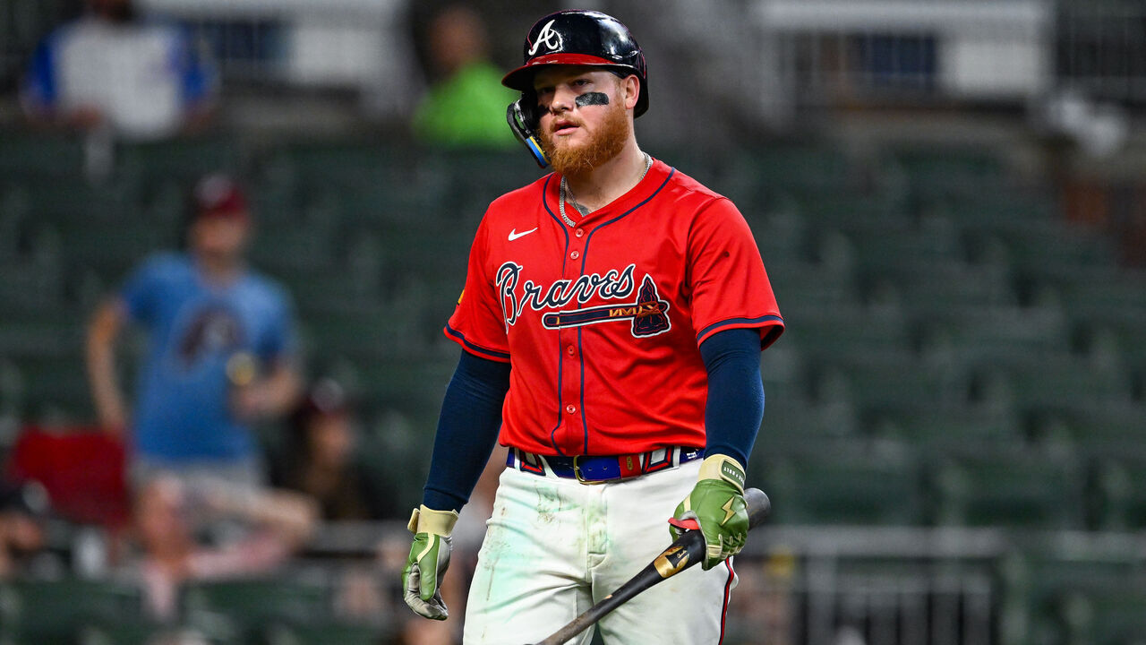 ATLANTA, GA JUNE 27: Atlanta left fielder Alex Verdugo (8) reacts after striking out during the MLB game between the Philadelphia Phillies and the Atlanta Braves on June 27th, 2025 at Truist Park in Atlanta, GA.