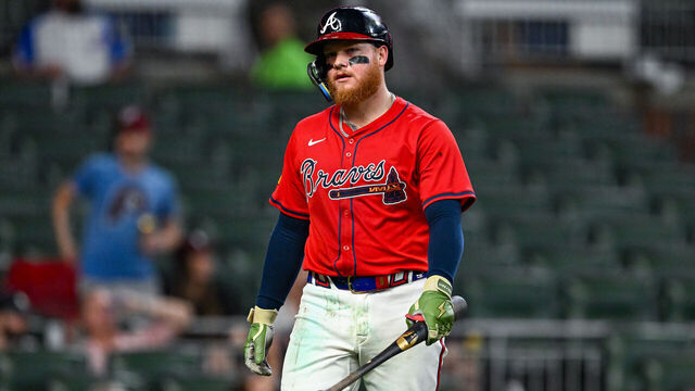 ATLANTA, GA JUNE 27: Atlanta left fielder Alex Verdugo (8) reacts after striking out during the MLB game between the Philadelphia Phillies and the Atlanta Braves on June 27th, 2025 at Truist Park in Atlanta, GA.