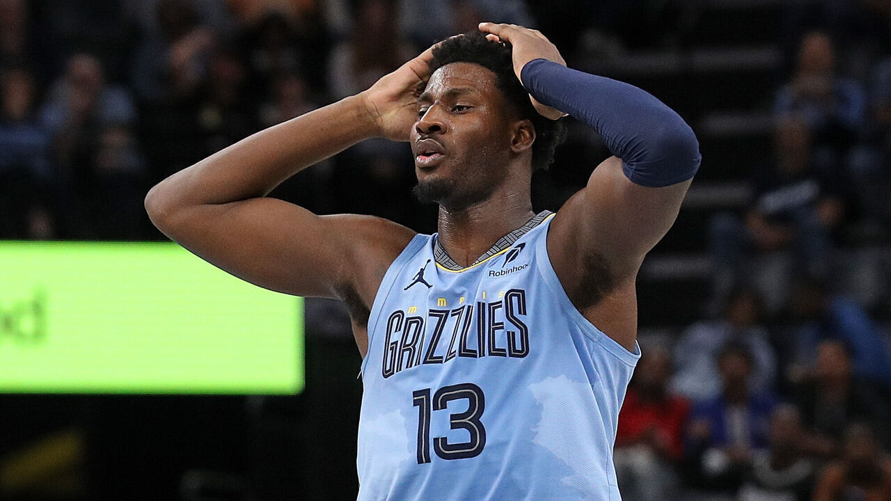 MEMPHIS, TENNESSEE - NOVEMBER 19: Jaren Jackson Jr. #13 of the Memphis Grizzlies reacts during the game of an Emirates NBA Cup game against the Denver Nuggets at FedExForum on November 19, 2024 in Memphis, Tennessee.