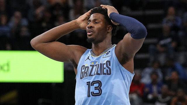 MEMPHIS, TENNESSEE - NOVEMBER 19: Jaren Jackson Jr. #13 of the Memphis Grizzlies reacts during the game of an Emirates NBA Cup game against the Denver Nuggets at FedExForum on November 19, 2024 in Memphis, Tennessee.