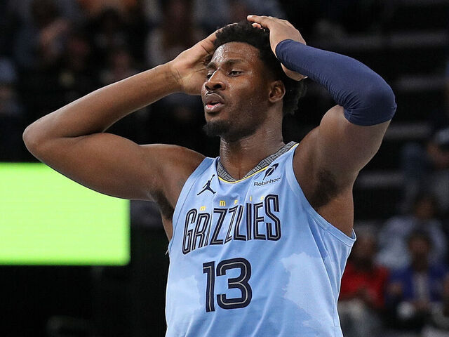 MEMPHIS, TENNESSEE - NOVEMBER 19: Jaren Jackson Jr. #13 of the Memphis Grizzlies reacts during the game of an Emirates NBA Cup game against the Denver Nuggets at FedExForum on November 19, 2024 in Memphis, Tennessee.
