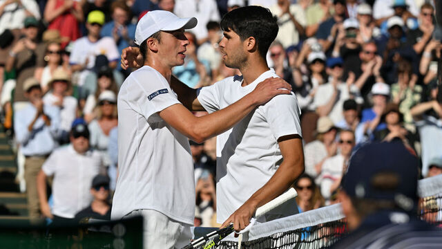 LONDON, UNITED KINGDOM - JULY 02: Carlos Alcaraz of Spain wins his Men's singles second round match against Oliver Tarvet of Great Britain during day three of The Championships Wimbledon 2025 at All England Lawn Tennis and Croquet Club in London, United Kingdom, on July 02, 2025.