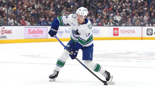 COLUMBUS, OHIO - MARCH 28: Pius Suter #24 of the Vancouver Canucks seen in action during against the Columbus Blue Jackets at Nationwide Arena on March 28, 2025 in Columbus, Ohio.