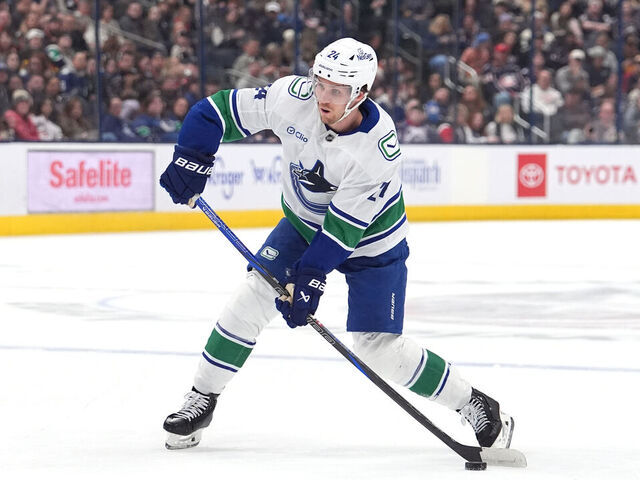 COLUMBUS, OHIO - MARCH 28: Pius Suter #24 of the Vancouver Canucks seen in action during against the Columbus Blue Jackets at Nationwide Arena on March 28, 2025 in Columbus, Ohio.