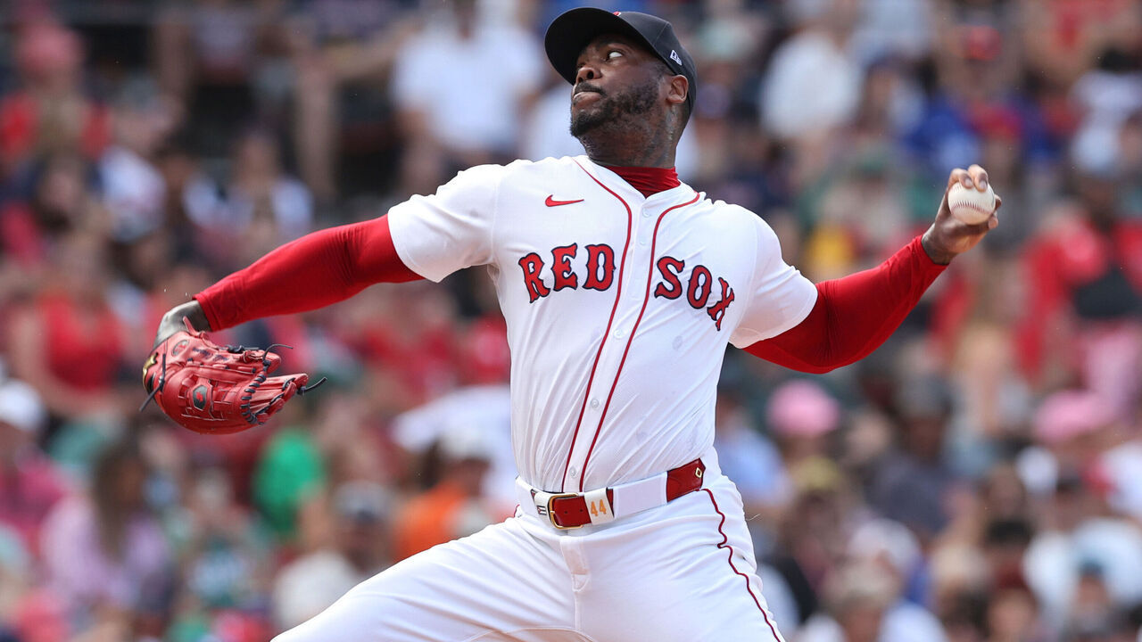 BOSTON, MASSACHUSETTS - JUNE 29: Aroldis Chapman #44 of the Boston Red Sox delivers a pitch during the ninth inning against the Toronto Blue Jays at Fenway Park on June 29, 2025 in Boston, Massachusetts.