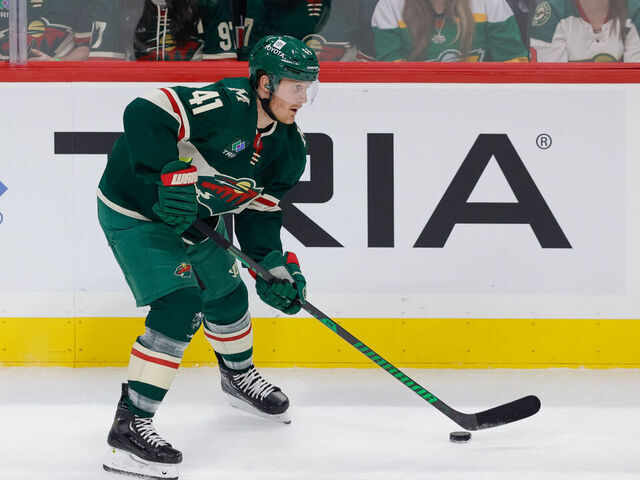 ST. PAUL, MN - APRIL 26: Minnesota Wild center Gustav Nyquist (41) skates with the puck during the first period of Game Four of the First Round of the 2025 Stanley Cup Playoffs between the Vegas Golden Knights and Minnesota Wild on April 26th, 2025, at the Xcel Energy Center in St. Paul, MN.