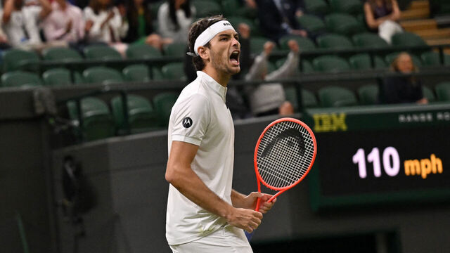 US player Taylor Fritz reacts as he plays against Canada's Gabriel Diallo during their men's singles second round tennis match on the third day of the 2025 Wimbledon Championships at The All England Lawn Tennis and Croquet Club in Wimbledon, southwest London, on July 2, 2025.