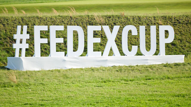 FLOURTOWN, PHILADELPHIA - MAY 10: FedEx Cup signage is seen along the 17th hole during the third round of Truist Championship at The Philadelphia Cricket Club (Wissahickon Course) on May 10, 2025 in Flourtown, Philadelphia.