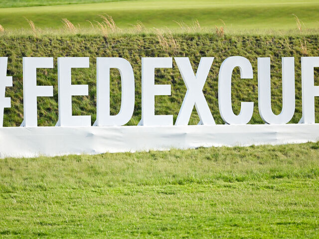 FLOURTOWN, PHILADELPHIA - MAY 10: FedEx Cup signage is seen along the 17th hole during the third round of Truist Championship at The Philadelphia Cricket Club (Wissahickon Course) on May 10, 2025 in Flourtown, Philadelphia.