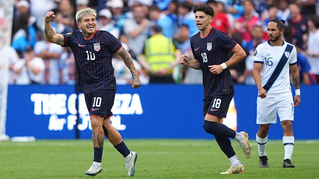 ST LOUIS, MISSOURI - JULY 2: Diego Luna #10 of United States celebrates after scoring against Guatemala during the first half of the Gold Cup 2025: Semifinal round at Energizer Park on July 2, 2025 in St. Louis, Missouri.