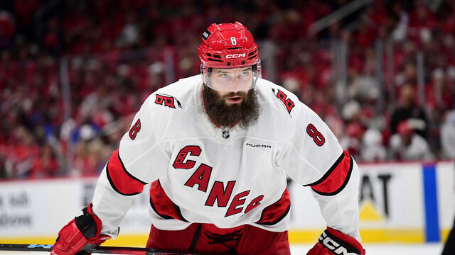 WASHINGTON, DC - MAY 15: Carolina defenseman Brent Burns (8) waits for a face-off during game five of the second round of the Eastern Conference playoffs between the Carolina Hurricanes and Washington Capitals National Hockey League game on May 15, 2025 at Capital One Arena in Washington, D.C..