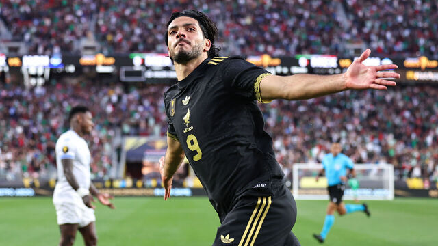 SANTA CLARA, CALIFORNIA - JULY 2: Raul Jimenez of Mexico celebrates after scoring a goal to make it 1-0 during the Gold Cup 2025 semi final match between Mexico and Honduras at Levi's Stadium on July 2, 2025 in Santa Clara, California.