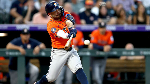 DENVER, COLORADO - JULY 02: Jose Altuve #27 of the Houston Astros records his 2,315 hit, a two RBI single against the Colorado Rockies in the sixth inning at Coors Field on July 02, 2025 in Denver, Colorado. The hit puts him second on the most hits in Astros history.