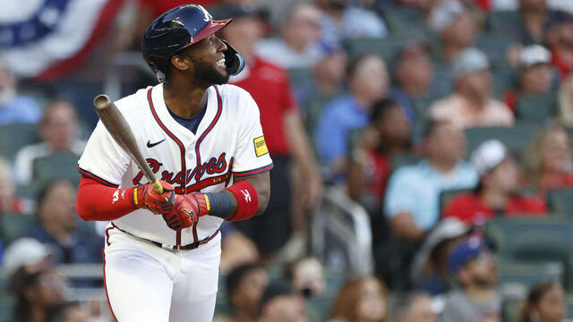ATLANTA, GA - JULY 02: Atlanta Braves left fielder Jurickson Profar #7 reacts after hitting the baseball during the MLB game between the Los Angeles Angels and the Atlanta Braves on July 02, 2025 at TRUIST Park in Atlanta, GA.
