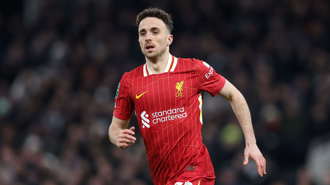 LONDON, ENGLAND - JANUARY 8: Diogo Jota of Liverpool during the Carabao Cup Semi Final First Leg match between Tottenham Hotspur and Liverpool at Tottenham Hotspur Stadium on January 8, 2025 in London, England.