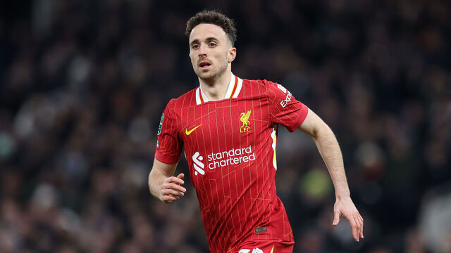 LONDON, ENGLAND - JANUARY 8: Diogo Jota of Liverpool during the Carabao Cup Semi Final First Leg match between Tottenham Hotspur and Liverpool at Tottenham Hotspur Stadium on January 8, 2025 in London, England.