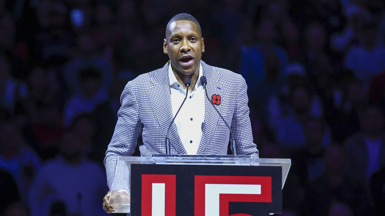 TORONTO, CANADA - NOVEMBER 2: Toronto Raptors general manager Masai Ujiri speaks during Vince Carter's jersey retirement ceremony at halftime of a game between the Sacramento Kings and the Toronto Raptors on November 2, 2024 at the Scotiabank Arena in Toronto, Ontario, Canada. Mandatory Copyright Notice: Copyright 2024 NBAE