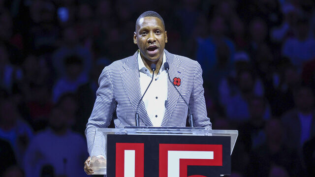TORONTO, CANADA - NOVEMBER 2: Toronto Raptors general manager Masai Ujiri speaks during Vince Carter's jersey retirement ceremony at halftime of a game between the Sacramento Kings and the Toronto Raptors on November 2, 2024 at the Scotiabank Arena in Toronto, Ontario, Canada. Mandatory Copyright Notice: Copyright 2024 NBAE